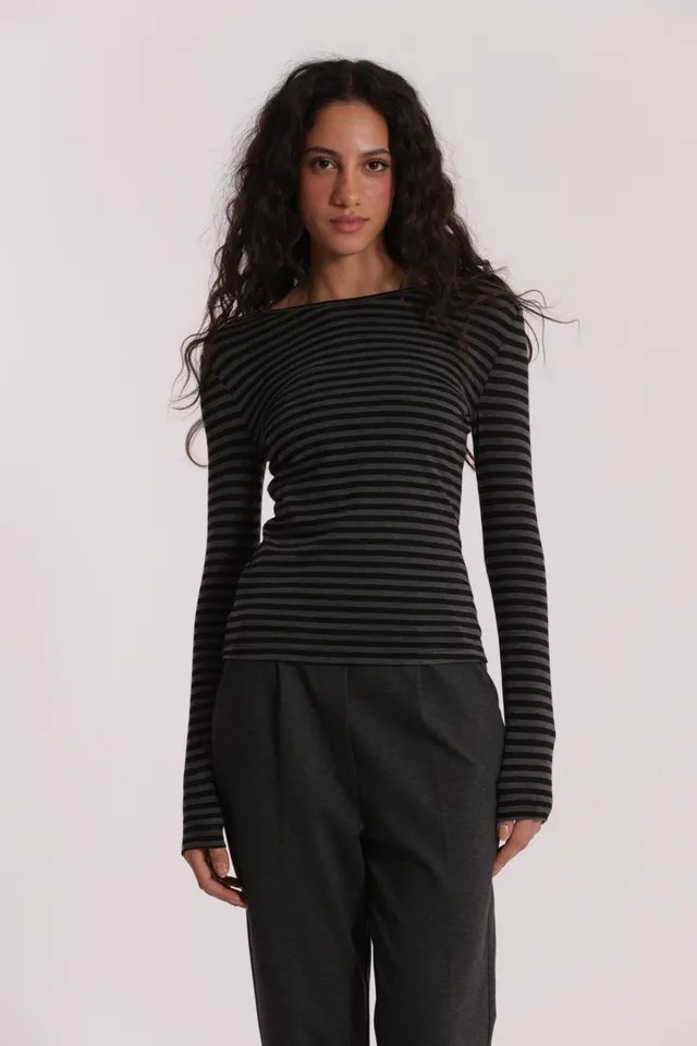 Mimi Mua Maglia Righe Scollo Tondo Nero Grigio