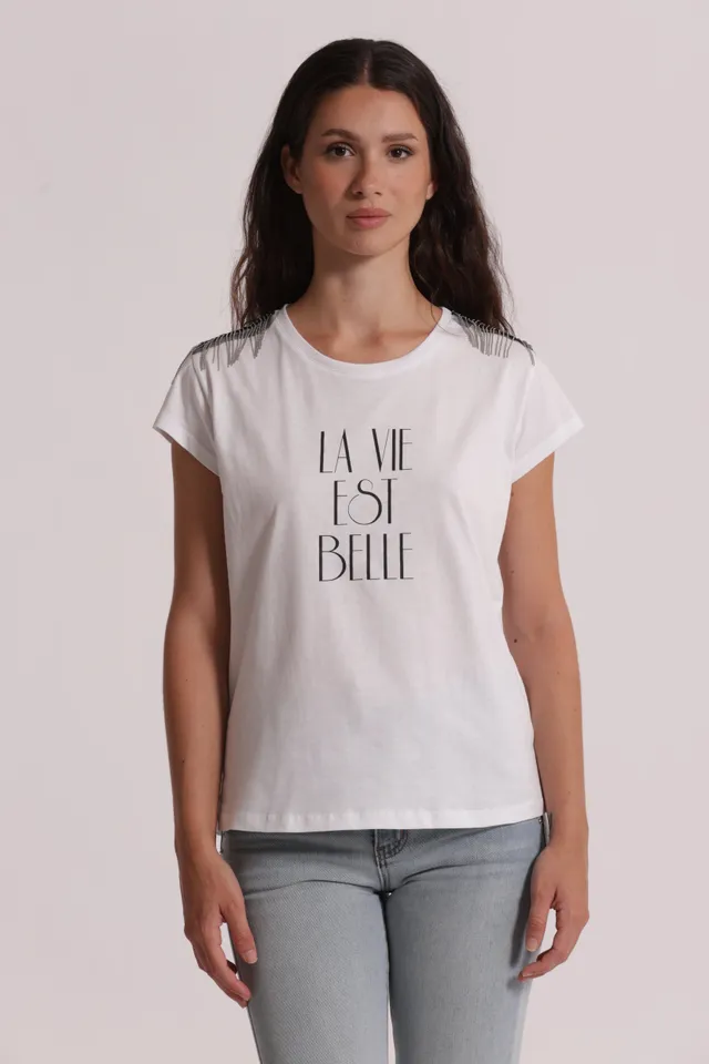 Mimi Mua T-Shirt La Vie Est Belle Frange Bianca Cotone