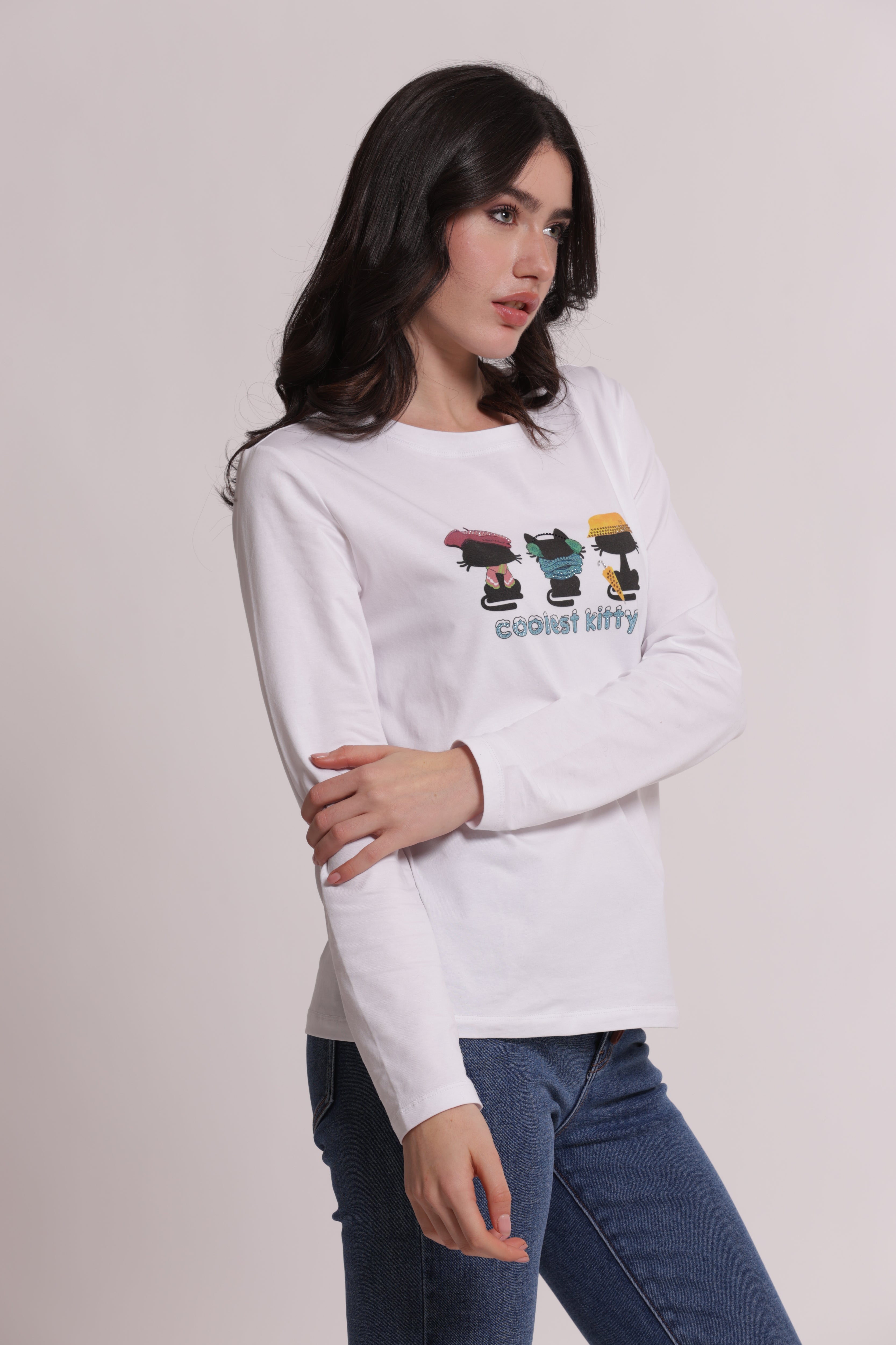 Mimi Mua T-Shirt Coolest Kitty Maniche Lunghe Bianca