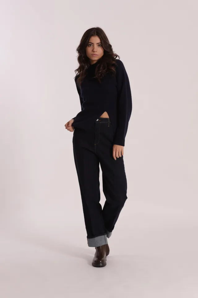 Mimi Mua Jeans Wide Leg Risvolto Blu Scuro Denim