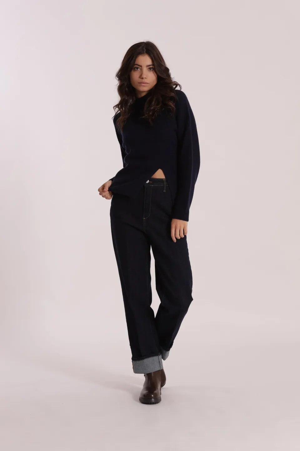 Mimi Mua Jeans Wide Leg Risvolto Blu Scuro Denim