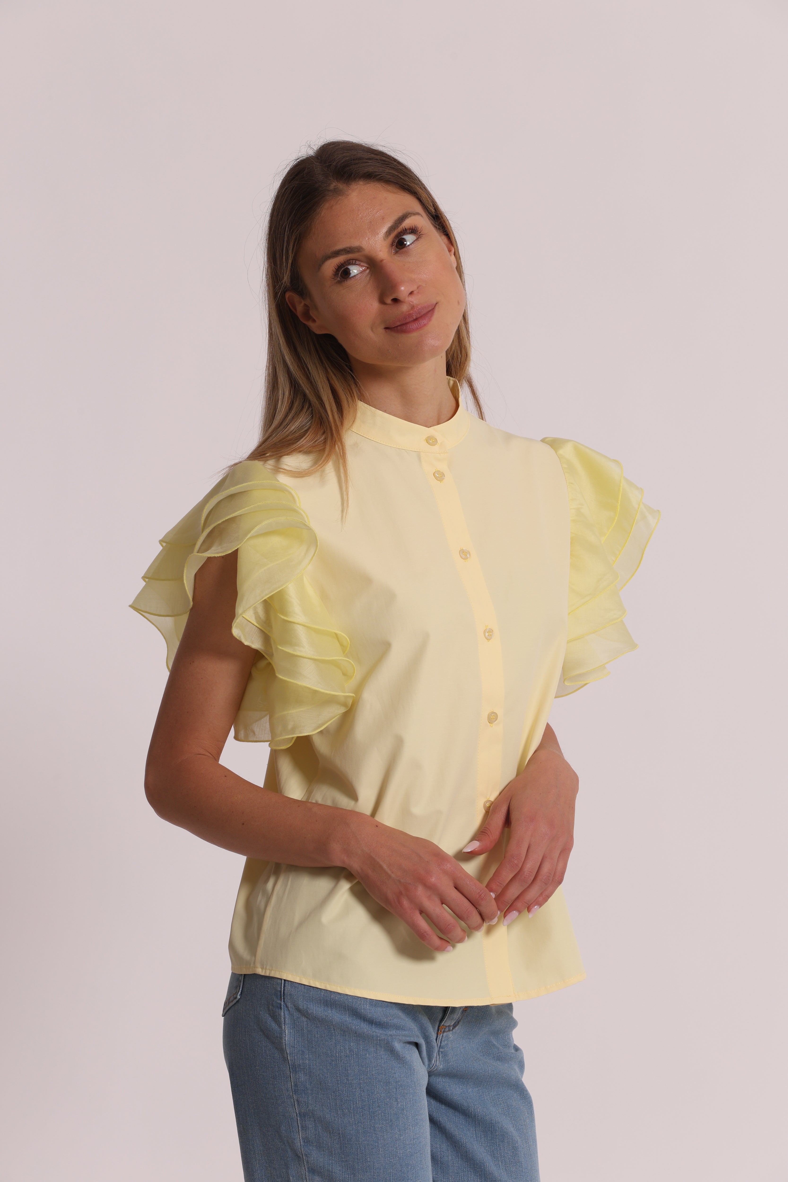 Mimi Mua Camicia Maniche Corte Volant bianco cotone