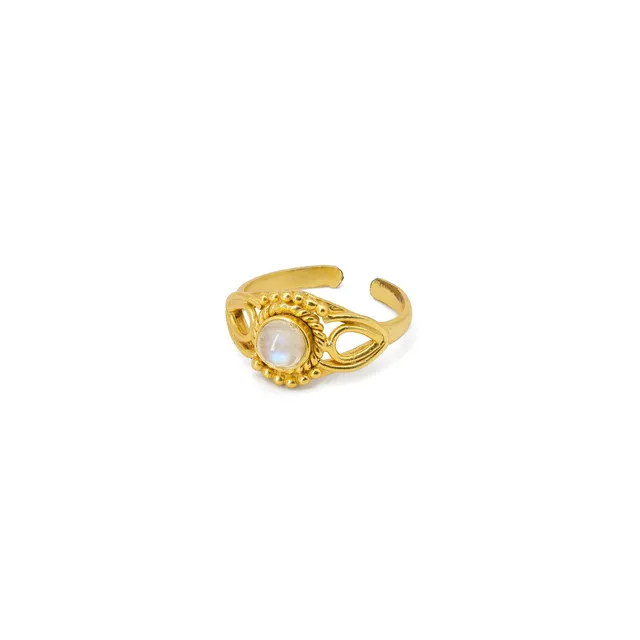 On Earth Moon anello ottone dorato pietra di luna regolabile