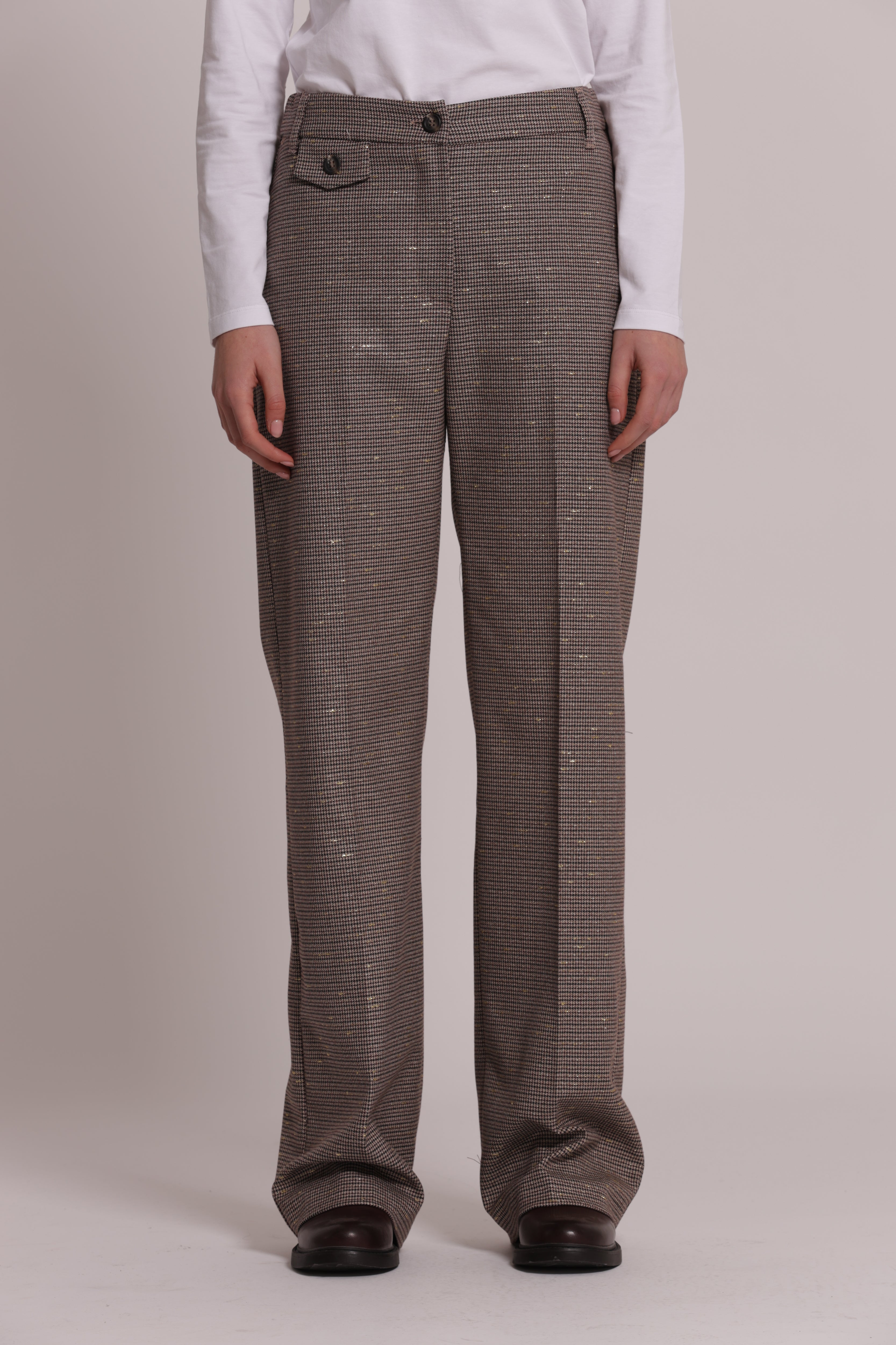 Mimi Mua Palazzo Pied de Poule Lurex Pantaloni Bordeaux Beige