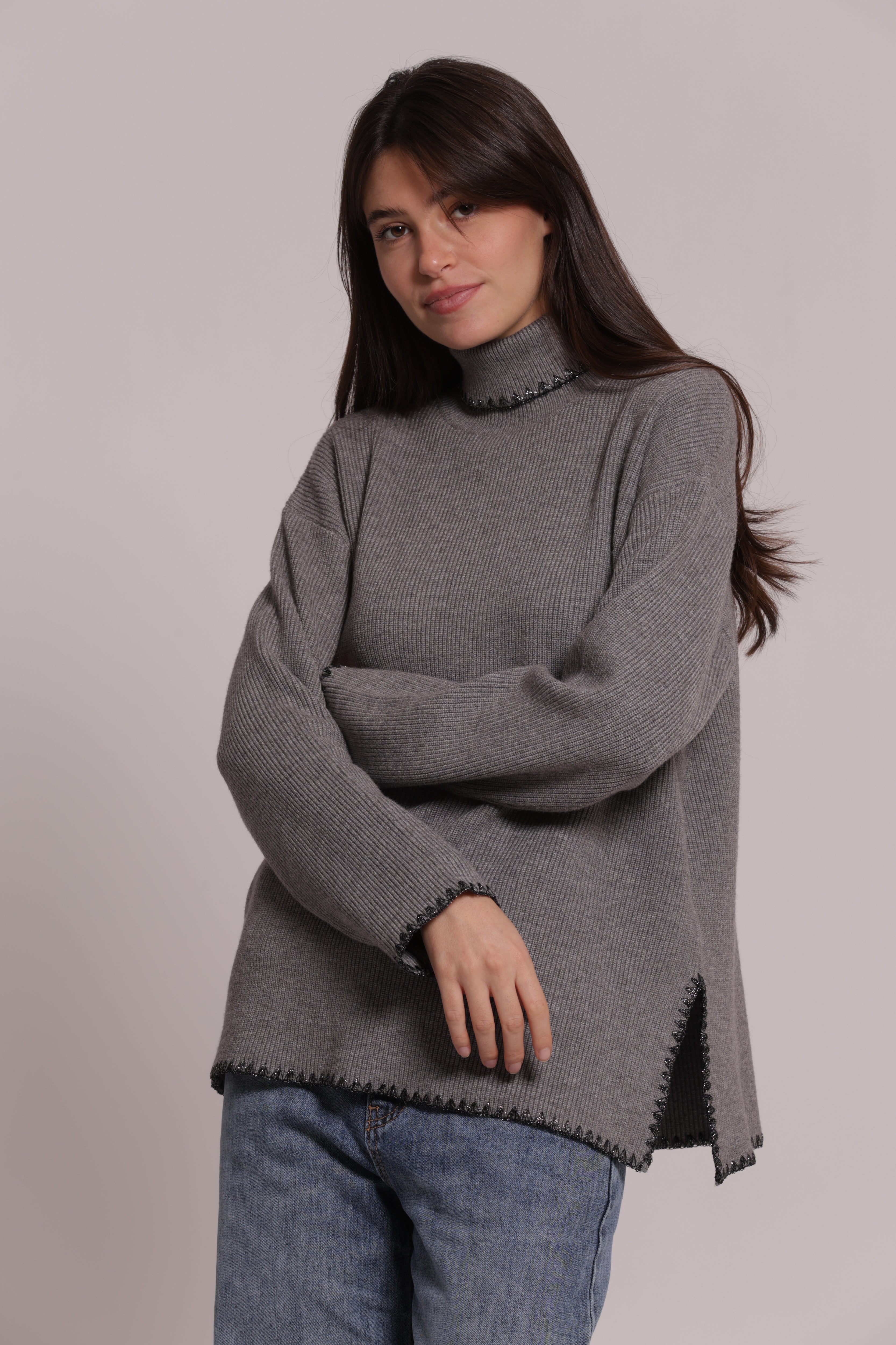 Mimi Mua Maglia Collo Alto Lurex Panna Elasticizzata