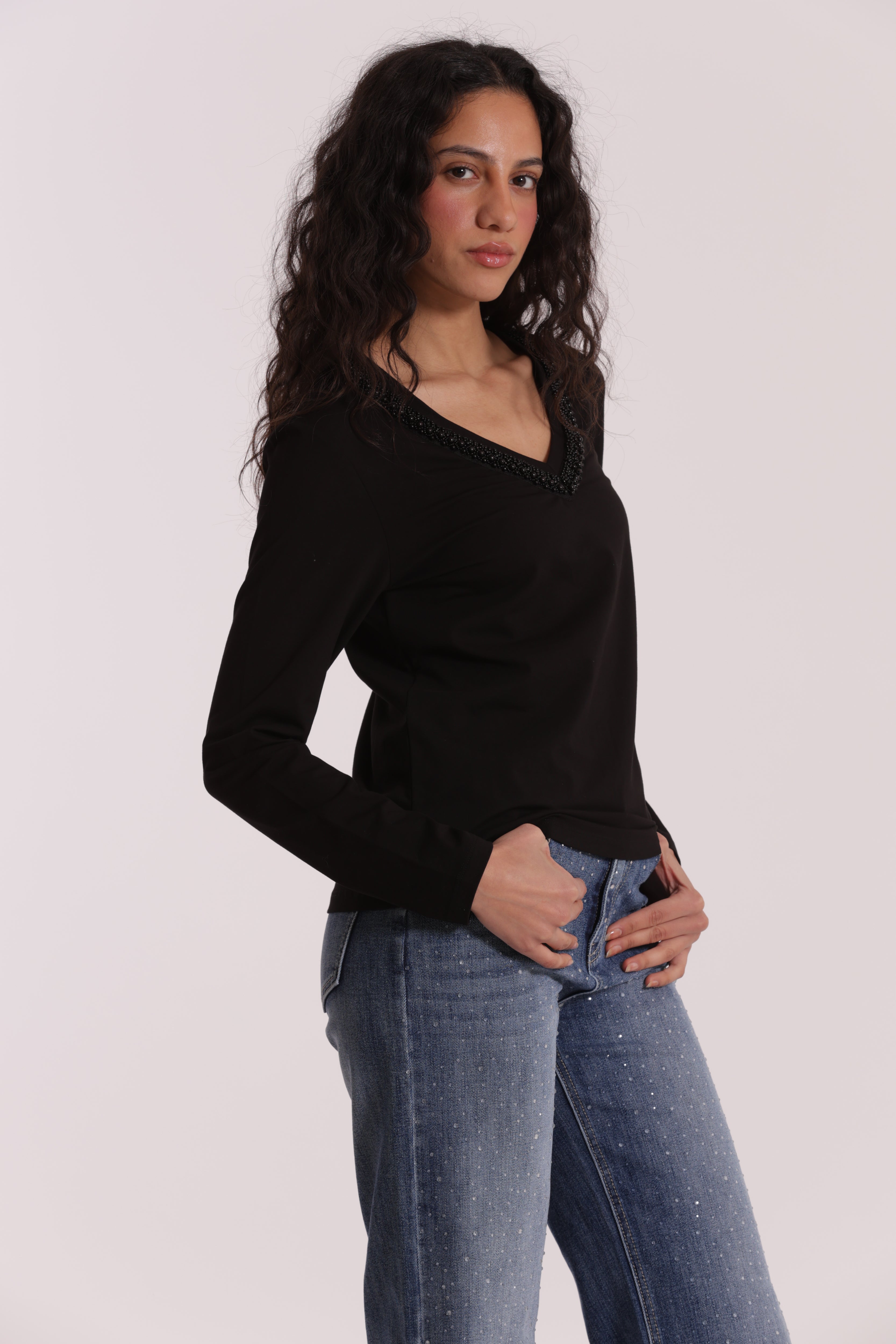 Mimi Mua t-shirt scollo a V perle bianco cotone