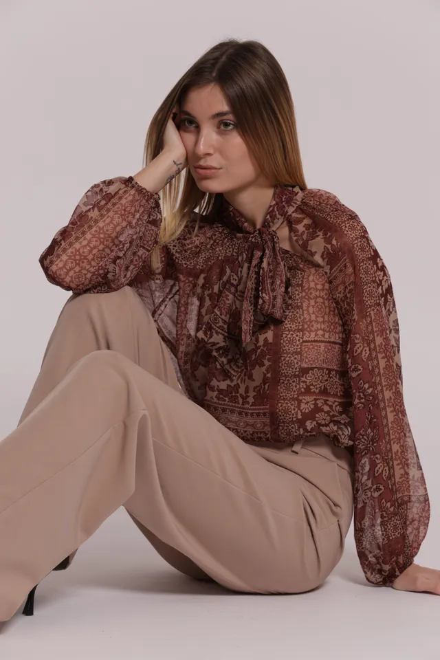 Mimi Mua Blusa Fiocco Collo Patchwork Floreale Cammello