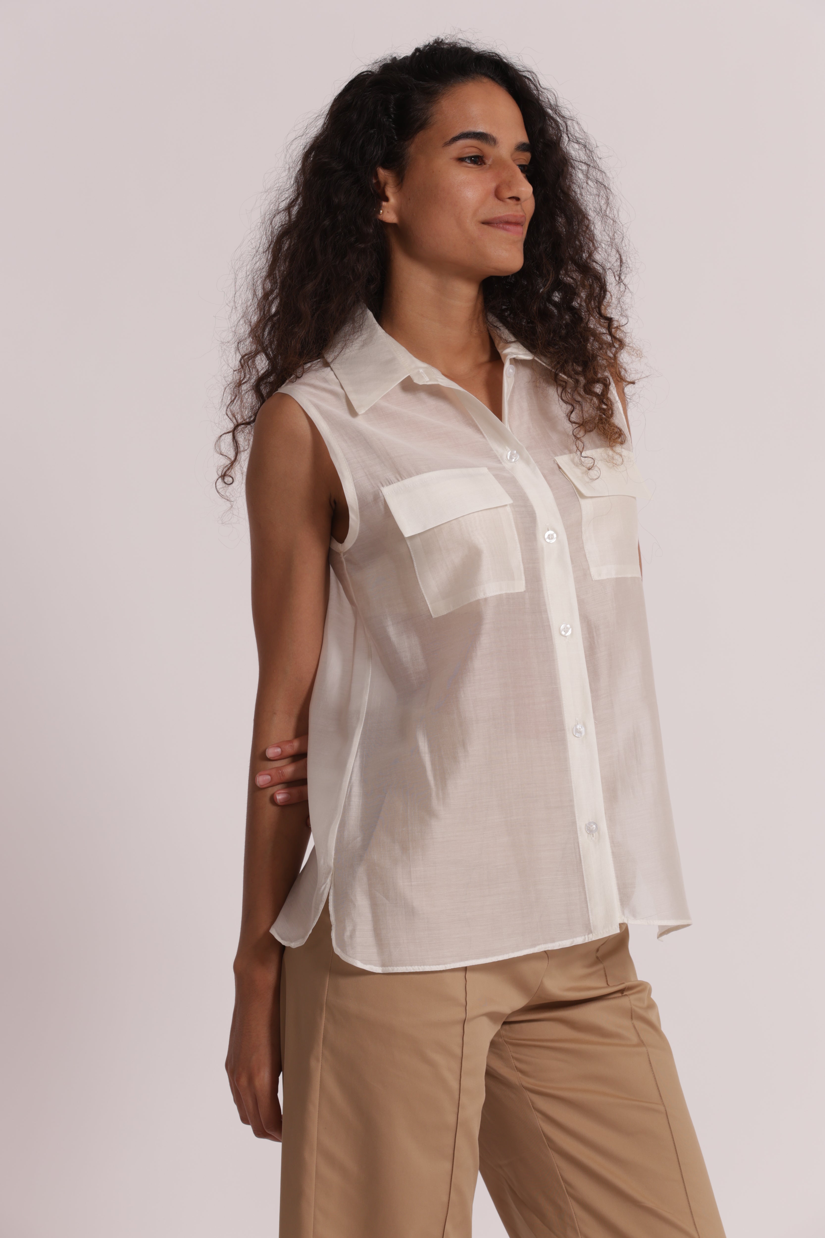 Mimi Mua Camicia Smanicata Tessuto Leggero Bianco